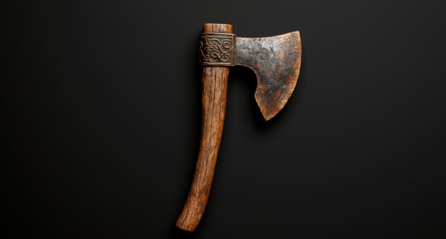Antique wooden axe with ornate metal head photo