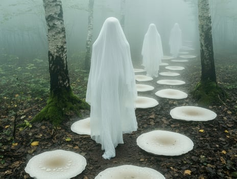 ghostly figures in a mystical forest photo