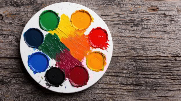 Colorful paint palette on wooden background photo