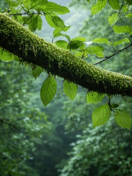 Lush green forest scene with moss covered branch photo