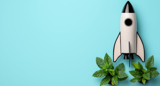 Rocket ship and green leaves on turquoise background photo