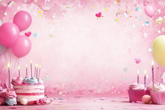 Birthday Cake with Pink Balloons, Confetti, and Cupcakes photo