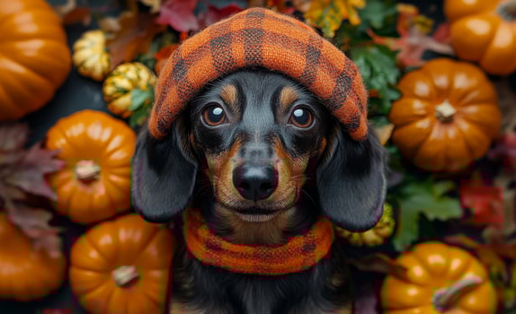 Cute dachshund in a pumpkin patch during autumn. A dachshund wearing an orange hat sits among pumpkins and fall leaves, embodying the spirit of autumn festivities. photo