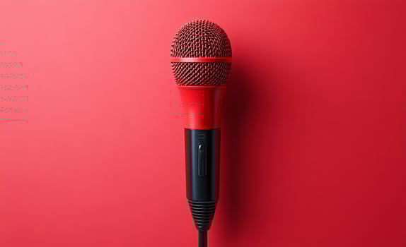 Red mic on vibrant studio backdrop. A bright red microphone stands upright against a bold red background, ready for a performance or recording session in a studio setting. photo