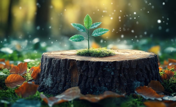 Green plant flourishes on tree stump. In a serene autumn forest, a vibrant green plant emerges from a tree stump, surrounded by fallen leaves and soft sunlight. photo