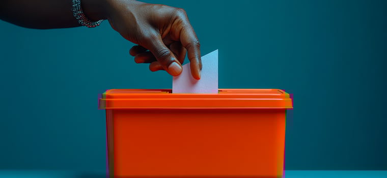A hand casting a vote in an orange ballot box. A voter places their ballot into an orange box, symbolizing participation in the democratic process during the election. photo