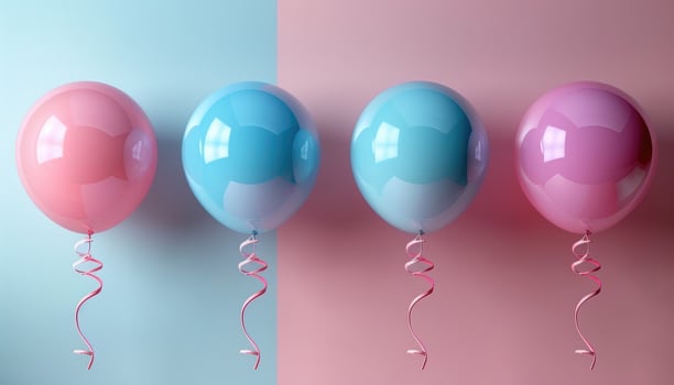Four Balloons in a Row with Pink and Blue Colors and Ribbons photo