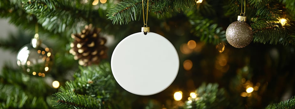 Decorative ornaments hanging on a Christmas tree. A beautifully adorned Christmas tree features shiny ornaments and a blank white decoration ready for personalization. photo