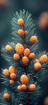 Pine tree branch with orange cones in soft light. A close-up of a pine tree branch adorned with vibrant orange cones, captured in softly diffused light, highlighting natures beauty. photo