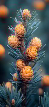 Vibrant orange cones on a coniferous tree branch. A close-up view of bright orange cones blooming on a conifer tree branch, showcasing nature's beauty in a serene environment. photo