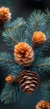 Pine cones resting on a green pine tree branch. Decorative pine cones are nestled among vibrant green pine needles, displaying natural beauty and intricate details. photo