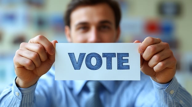 Engage in democracy by voting in local elections. A man holds a sign declaring VOTE, encouraging civic participation and highlighting the importance of elections in community engagement. photo