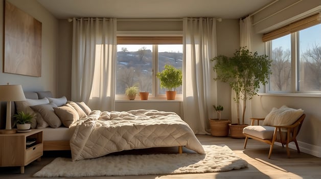 A bedroom with a bed, chair and window photo
