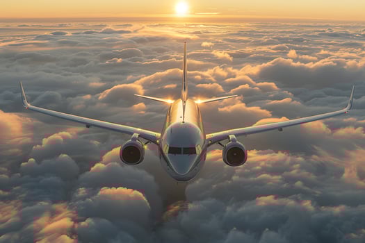Sunset Flight Above Clouds Majestic Airplane Journey in Golden Sky photo