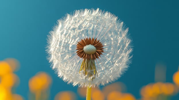 A dandelion is shown in front of a blue sky photo