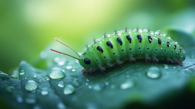 A green caterpillar with water droplets on it photo