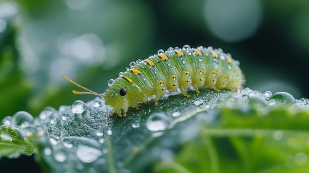 A caterpillar is sitting on a leaf with water droplets photo