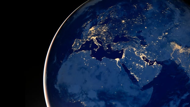 Earth photo at night, City Lights of Europe, Middle East, Turkey, Italy, Black Sea, Mediterrenian Sea from space, World map globe. Satellite photo HD. Elements of this image furnished by NASA.