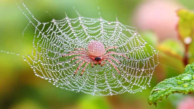 A spider sits on its web with dew drops on it photo