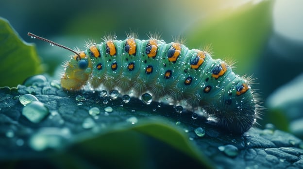A caterpillar is sitting on a leaf with water droplets photo