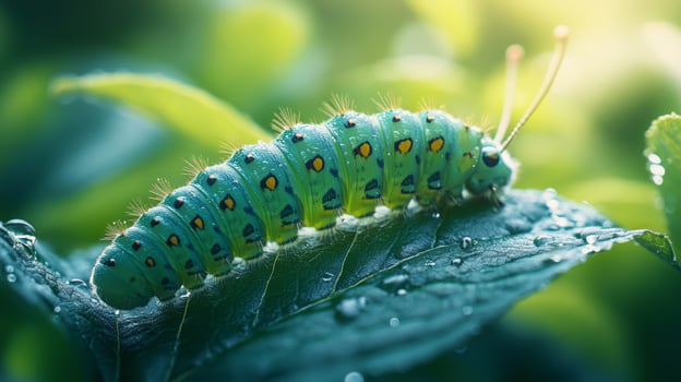 A green caterpillar on a leaf with water droplets photo