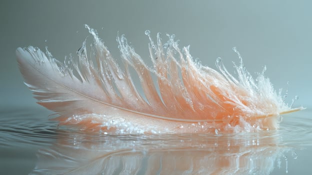 A pink feather floating in water with water droplets photo