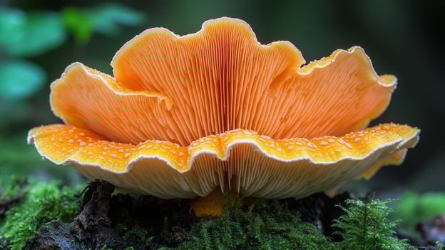 An orange mushroom is growing on a moss covered tree photo
