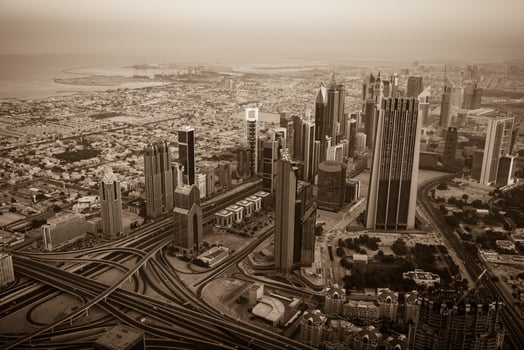 Dubai downtown morning scene. Top view photo