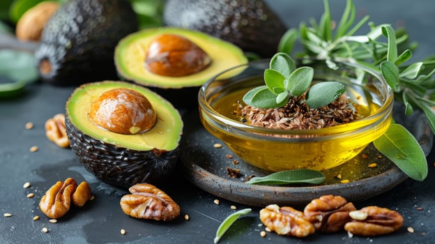 avocado and oils, Healthy Lifestyle . Harvard Healthy Eating Plate with Omega . photo