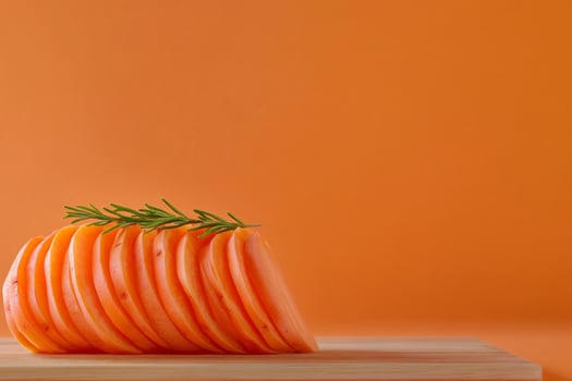 Sliced sweet potatoes on a wooden cutting board against a vibrant orange backdrop for culinary inspiration photo