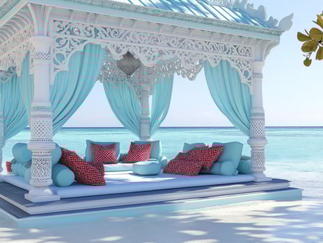 Luxurious seaside cabana with aqua and red decor enhancing a tropical ocean view and clear sky photo