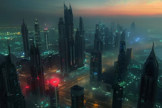 A breathtaking aerial photograph captures a contemporary city skyline shrouded in fog during twilight hours photo