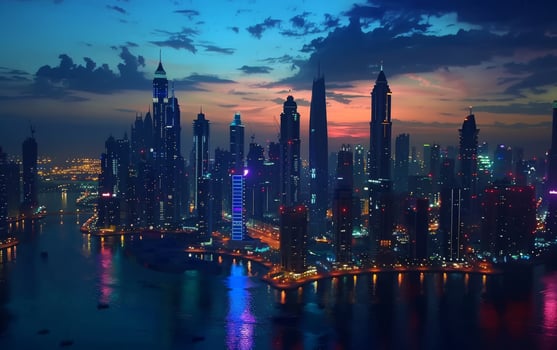 Enjoy a breathtaking view of the stunning city skyline at dusk, where vibrant colors beautifully illuminate the water photo