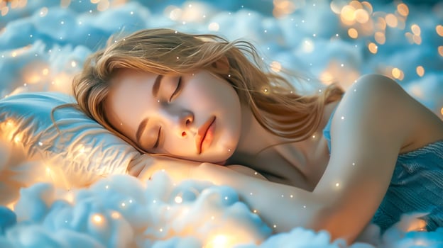 Young woman lies in a tranquil slumber amidst glistening, soft clouds photo