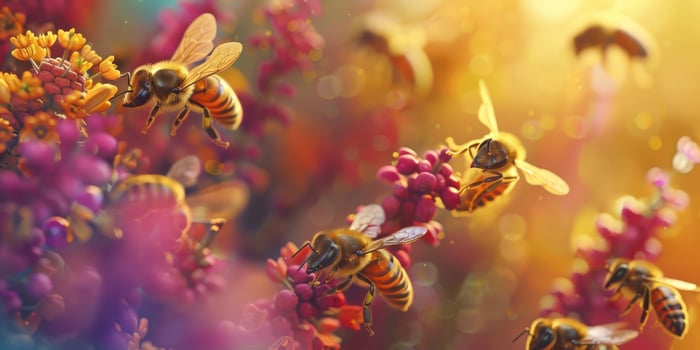 Close-up of honey bees gathering nectar from colorful flowers on a sunny day, vibrant bokeh in background photo
