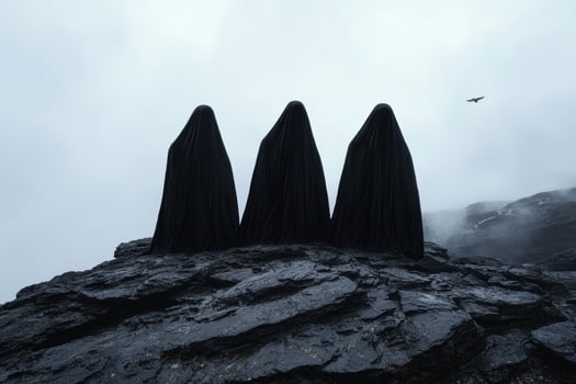 Mysterious cloaked figures on a rocky cliff photo