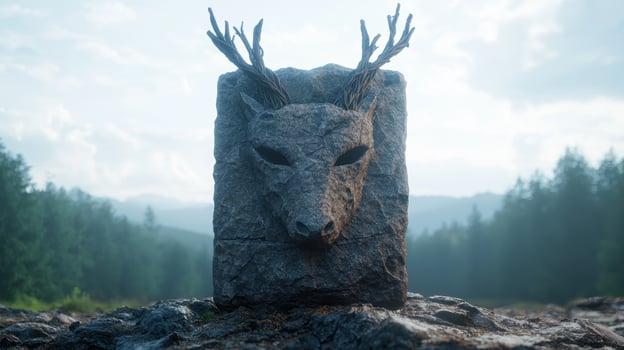Mystical stone sculpture of a deer in the forest photo