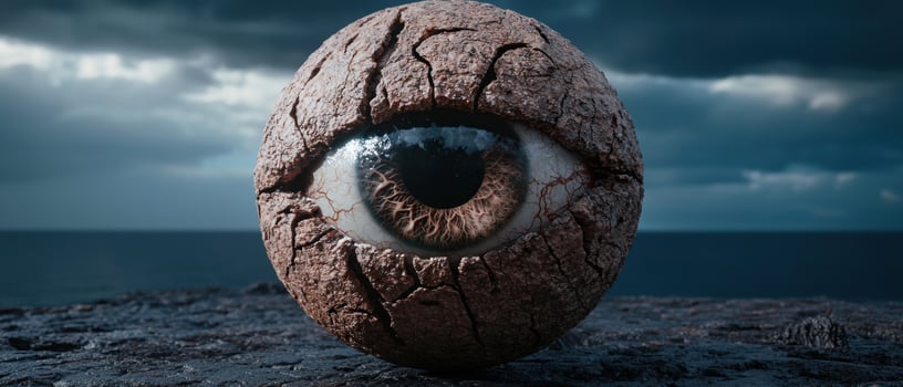 Surreal eye in cracked stone sphere on stormy ocean photo