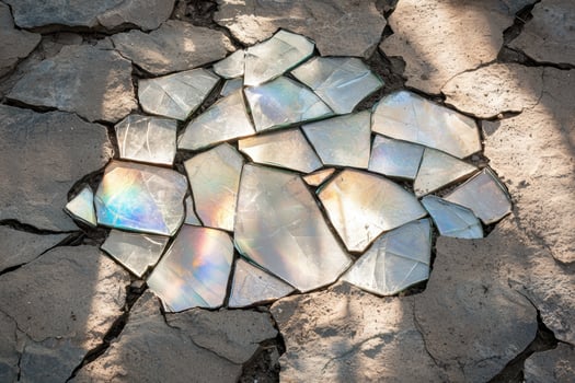 Broken glass shards on rocky ground photo