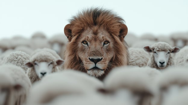 lion among sheep in snowy field photo