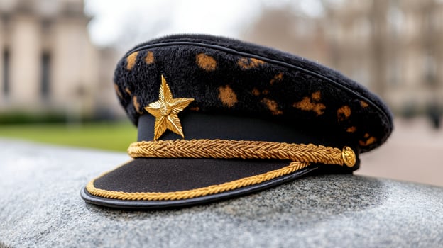 Close up of a military officers cap with golden star emblem photo