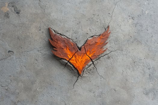 Cracked concrete surface with fiery orange design photo