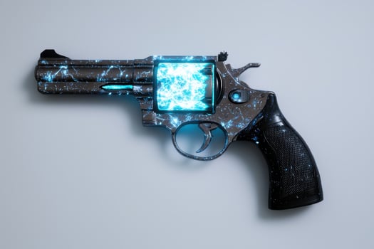 Futuristic revolver with glowing blue energy photo