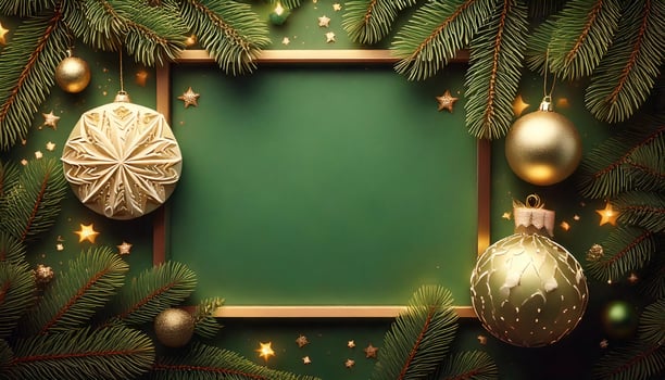 Christmas frame with christmas decorations on green background photo