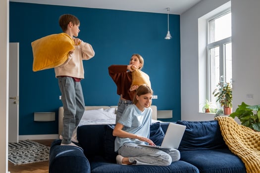 Young woman mother freelancer combining remote work with spending more time with family photo