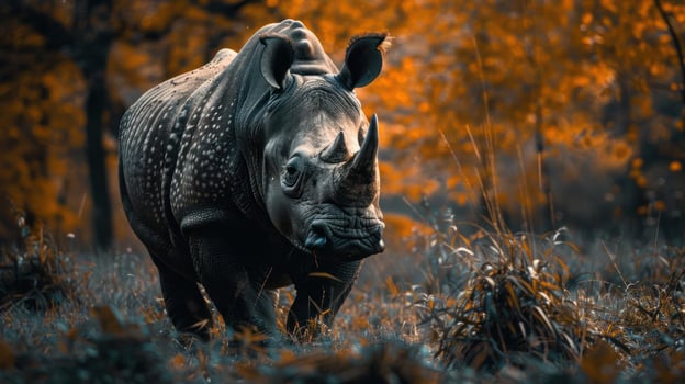 A majestic rhino ambles through a vibrant autumn forest. photo