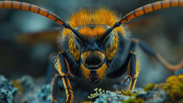 the intricate details of a bee, likely focusing on its venom glands and the act of landing or preparing to land. photo