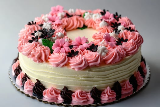 Delicious cake decorated with pink and black flowers and swirls of frosting photo