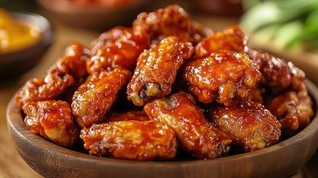 Barbecue chicken wings in a bowl with dipping sauce on table. photo