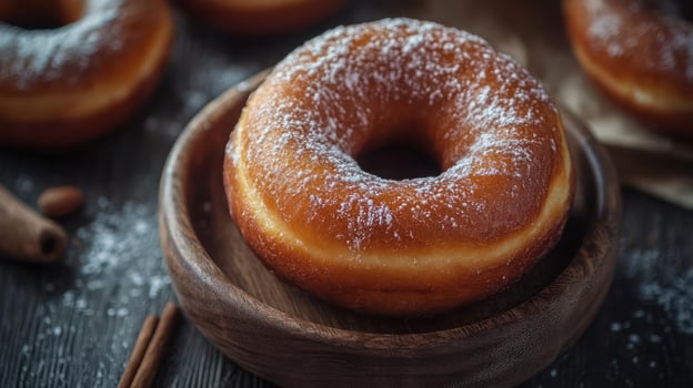 A batch of glazed doughnuts coated with powdered sugar. photo